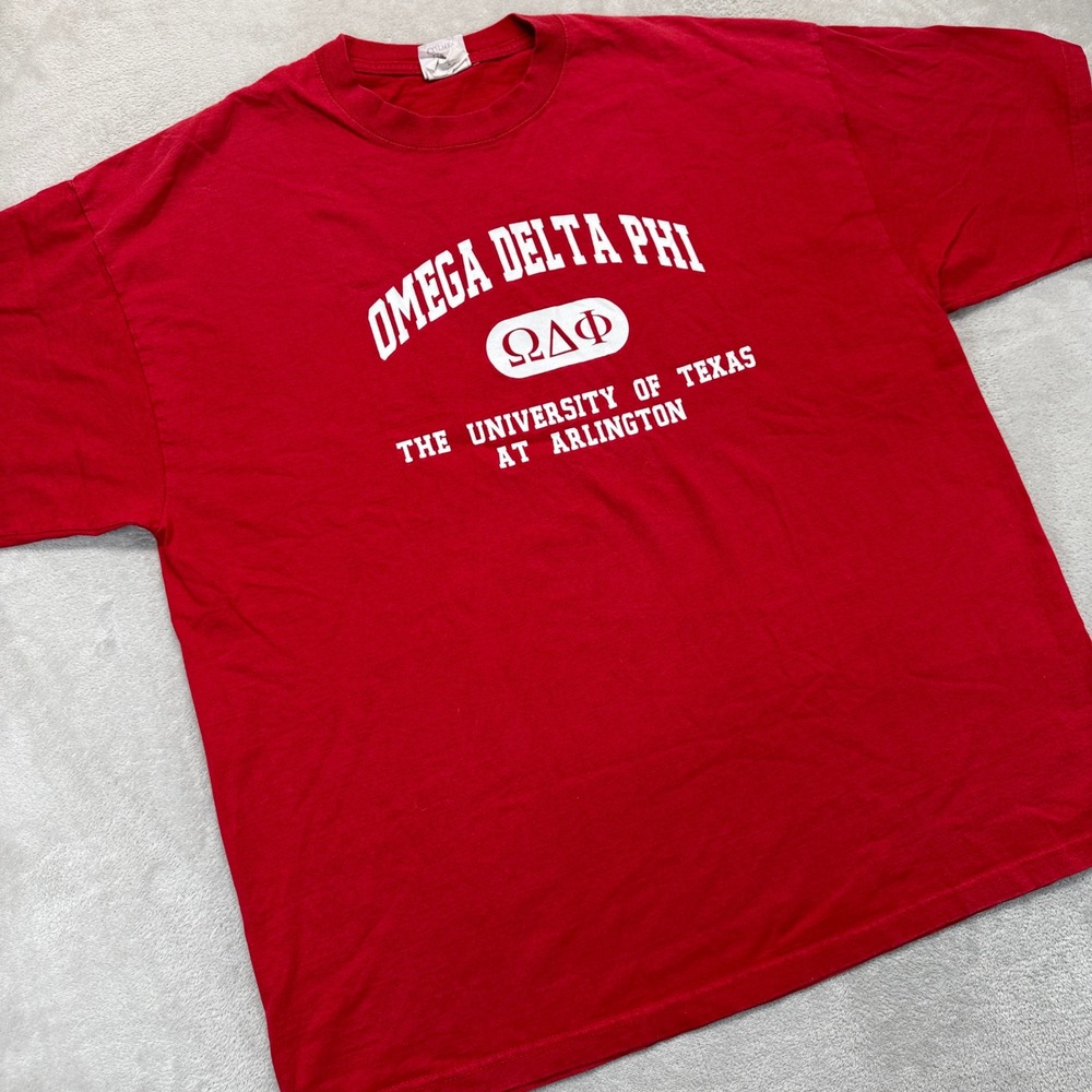 Jerzees Mens T-Shirt XL Red Omega Delta Phi UT‎ Arlington Graphic Tee Y2K